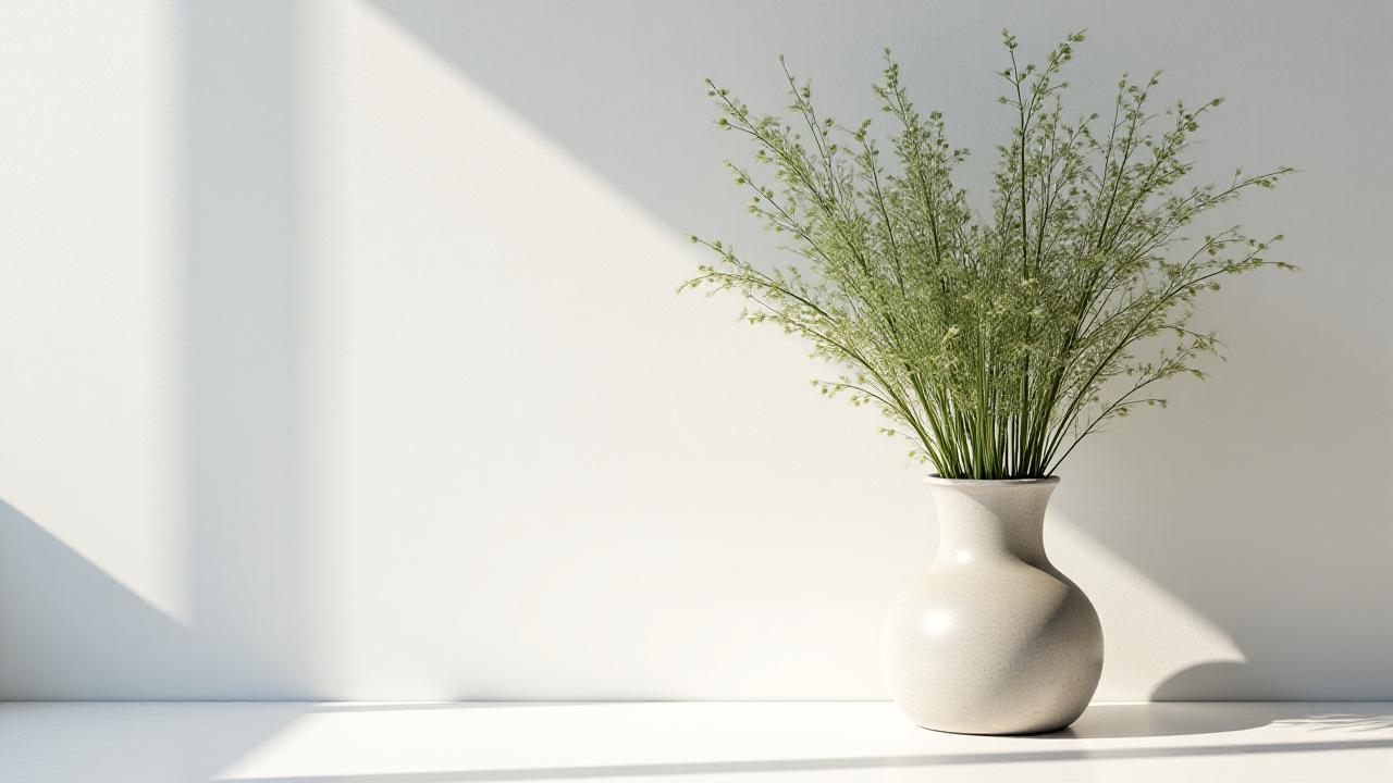 Minimalistisk skandinavisk blomsterarrangement i et lyst lokale